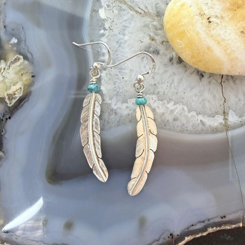 Anthony Gatewood Sterling & Turquoise Bead Feather Dangle Earrings For Women - Picture 2 of 10